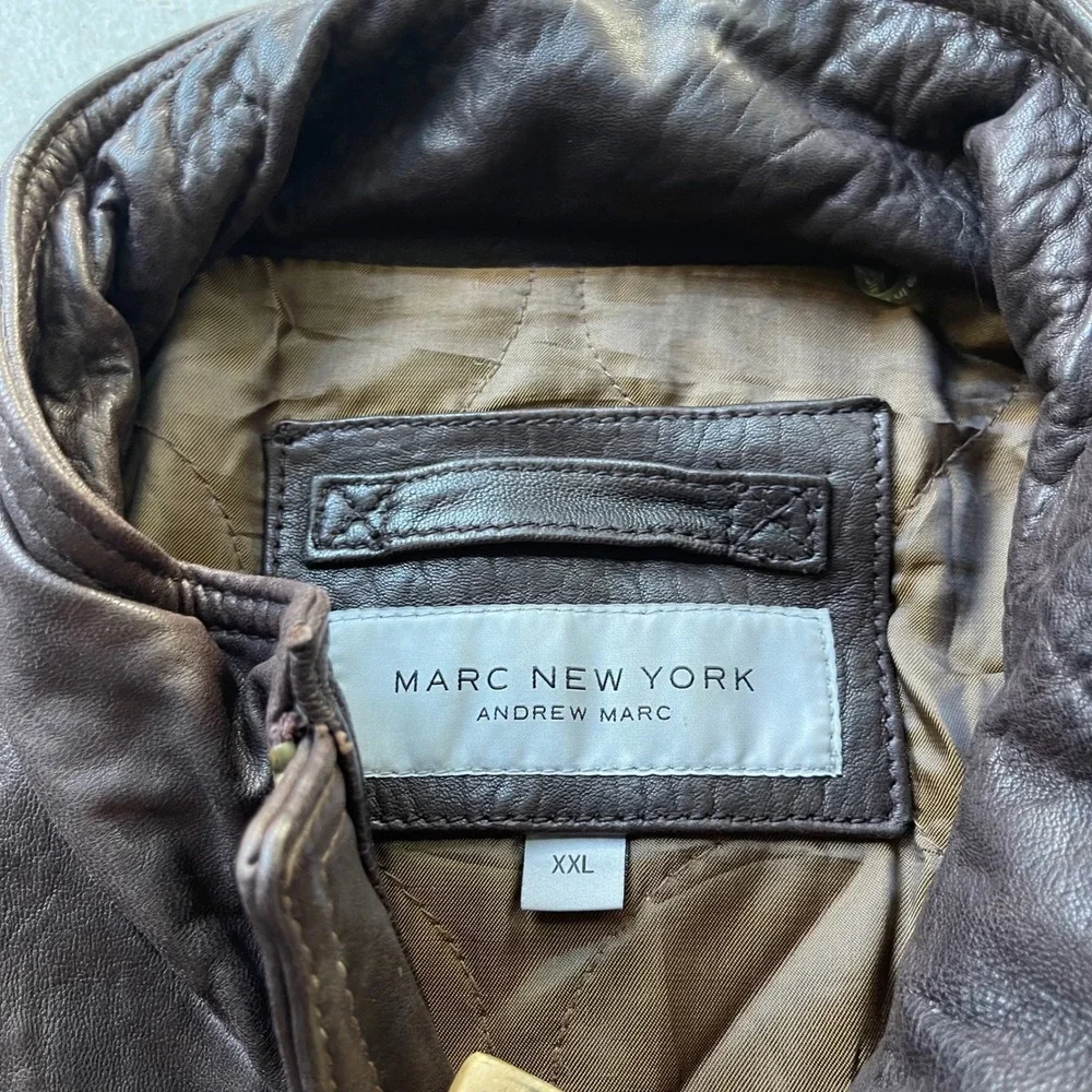 Marc New York Andrew Marc Brown Leather Cafe Racer Jacket XXL Moto Biker Quilted